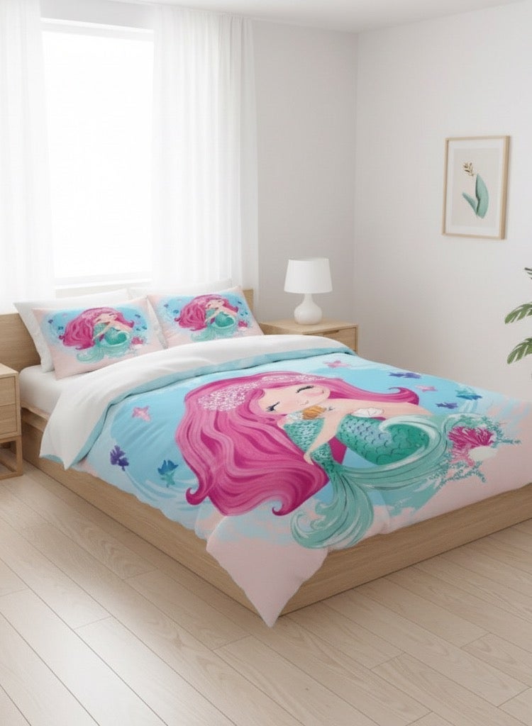 لونا هوم حجم واحد 4 قطع 1 غطاء لحاف (160 × 210 سم)، 1 ملاءة مزودة (100 × 200 + 30 سم)، و 2 غطاء وسادة (50 × 75 سم) - تصميم حورية البحر الوردي ثلاثي الأبعاد. مجموعة مفروشات الأطفال. - Image 1